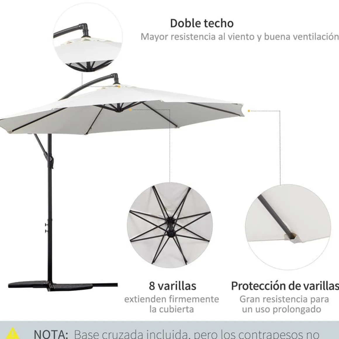 Sombrilla de jardín Outsunny inclinable con manivela crema Ø295x245 cm