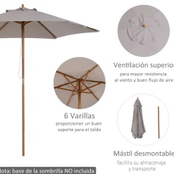 Sombrilla de jardín Outsunny marco de madera apertura cuerda gris Ø2,50x2,30 m