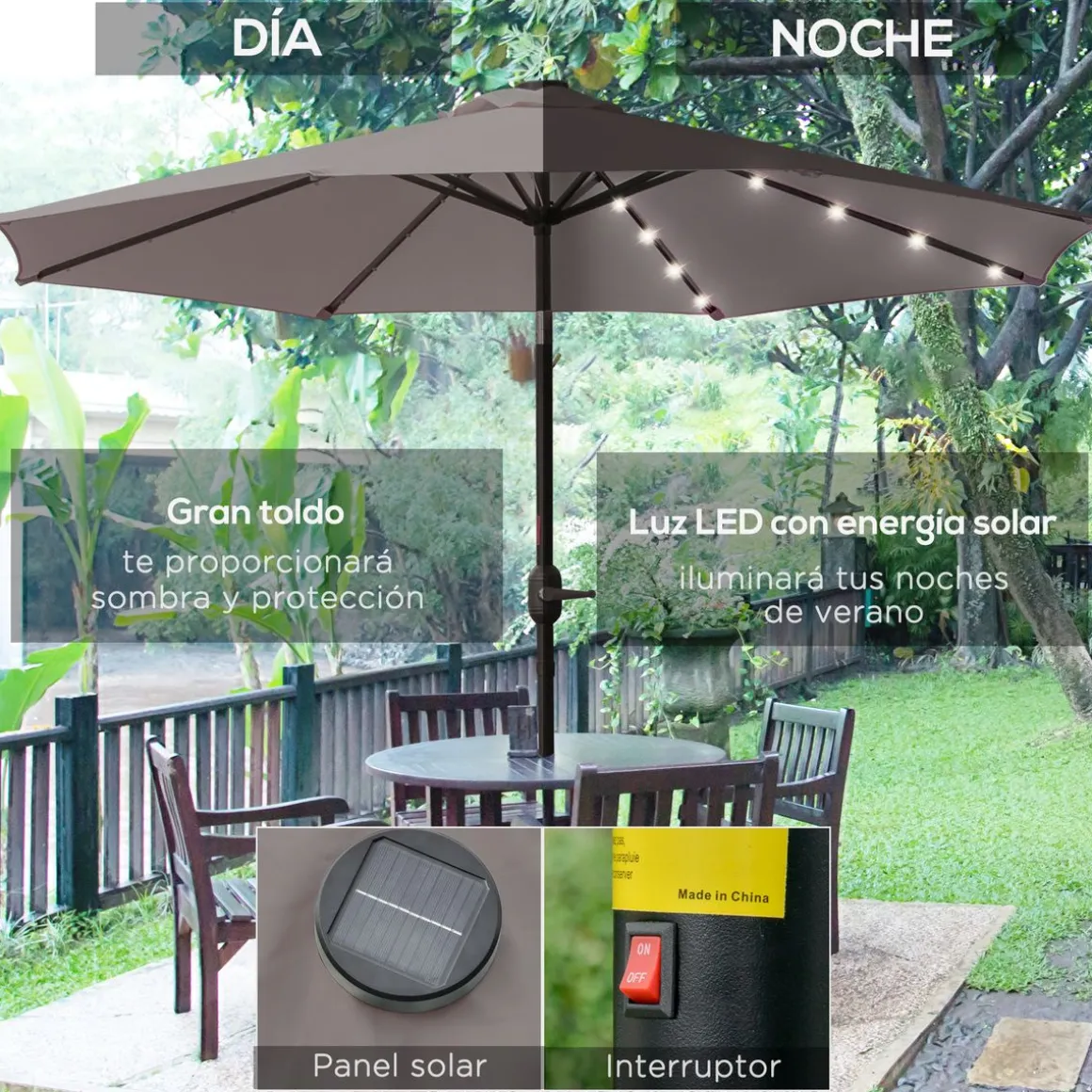 Sombrilla de jardín Outsunny 32 luces LED con manivela Ø265x233 cm