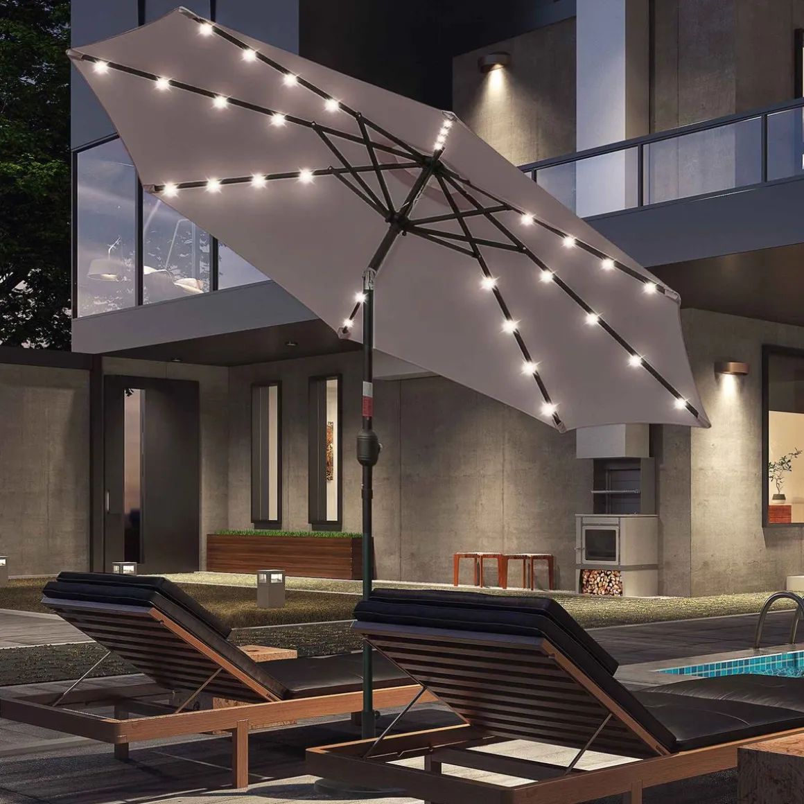 Sombrilla de jardín Outsunny 32 luces LED con manivela Ø265x233 cm