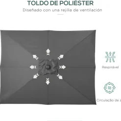 Sombrilla de jardín Outsunny techo inclinable luz LED gris oscuro 248x268x205 cm