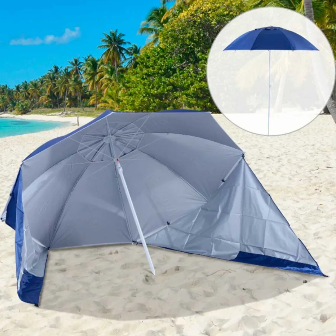 Sombrilla de playa Outsunny con paneles laterales azul Ø210x222 cm