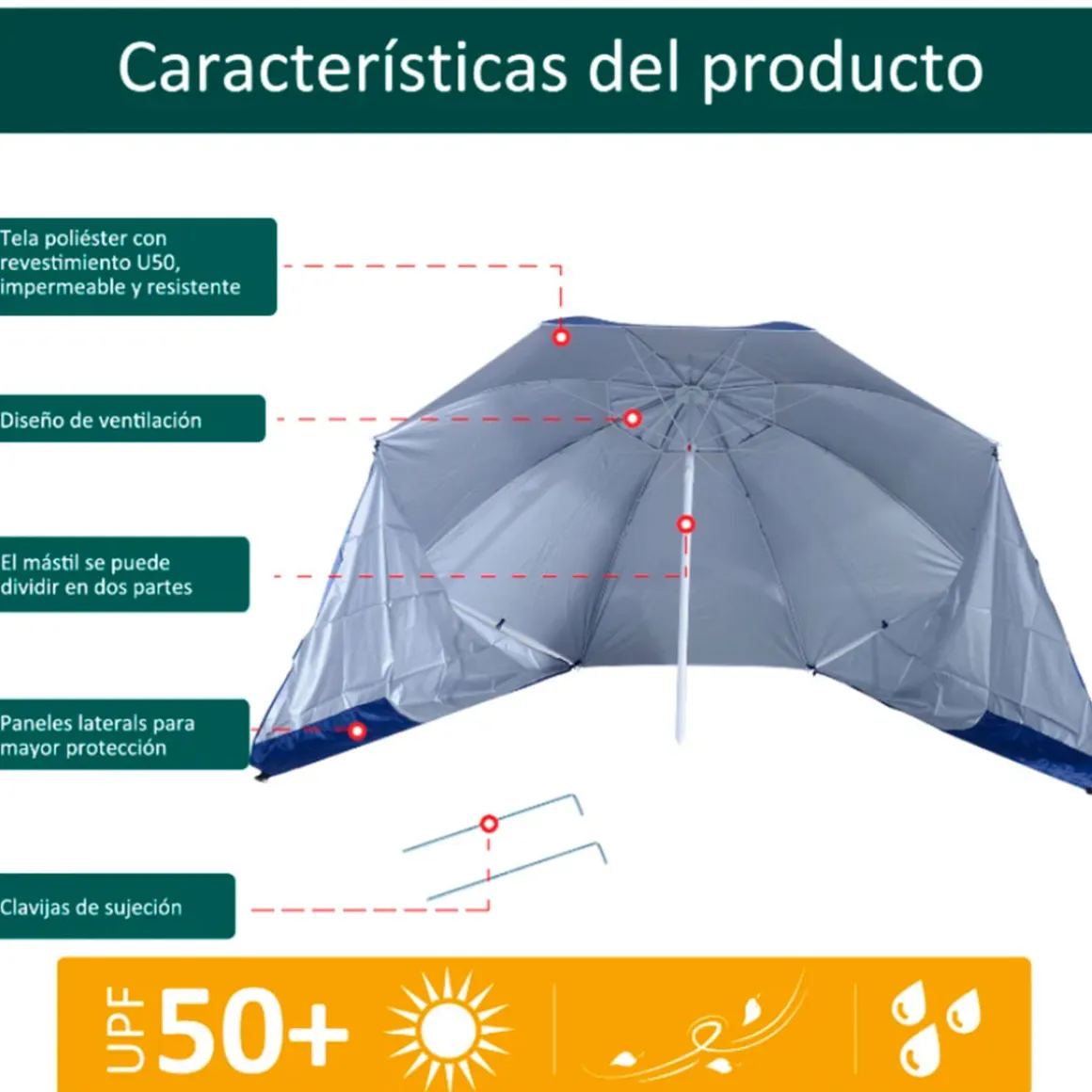 Sombrilla de playa Outsunny con paneles laterales azul Ø210x222 cm