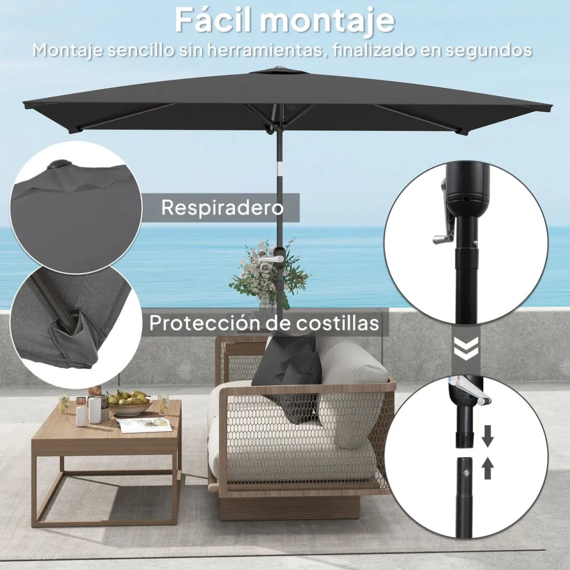 Sombrilla de terraza Annia Outsunny con manivela ángulo ajustable gris oscuro 255x198x294 cm