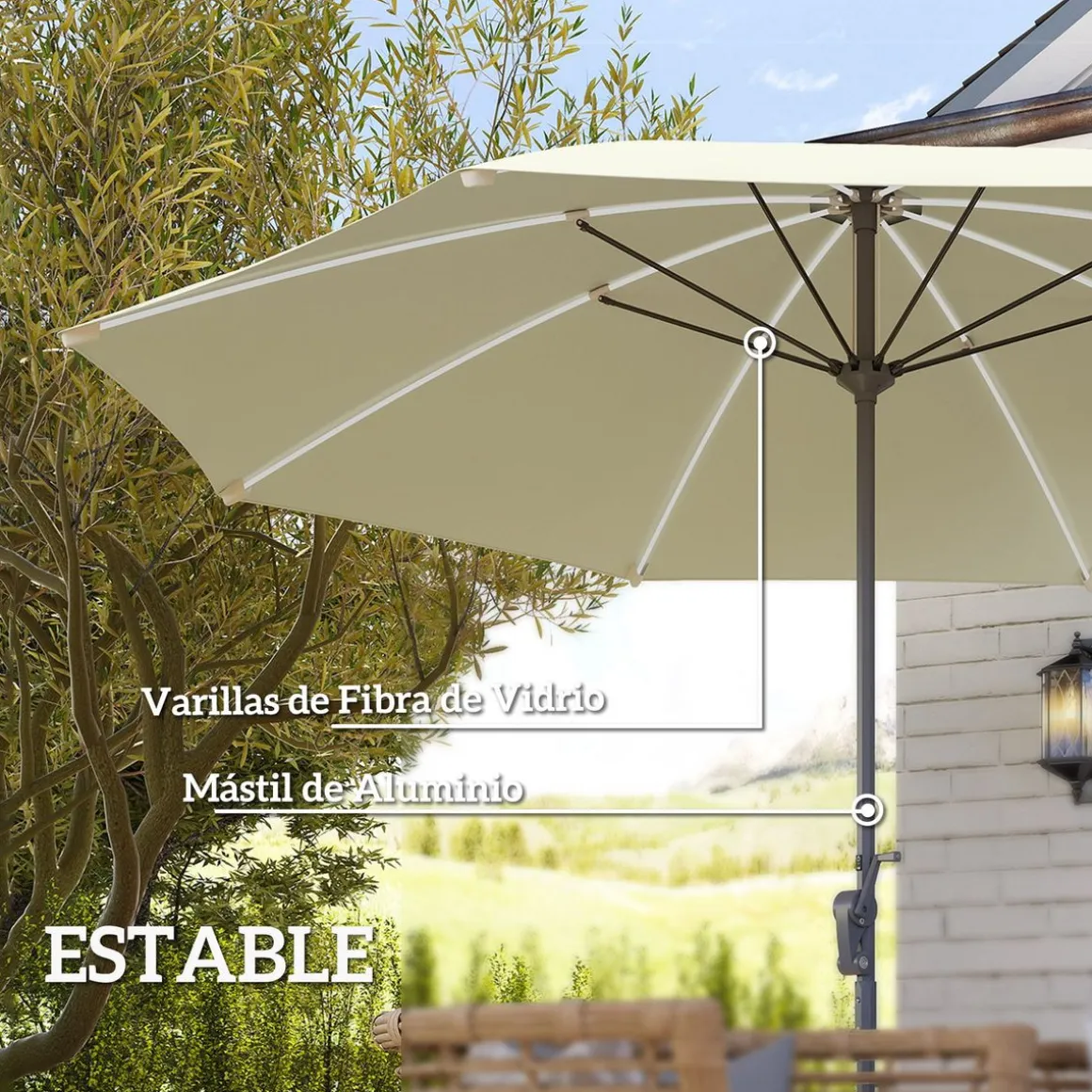Sombrilla de terraza Lilith Outsunny con manivela y luz LED crema Ø300x256 cm