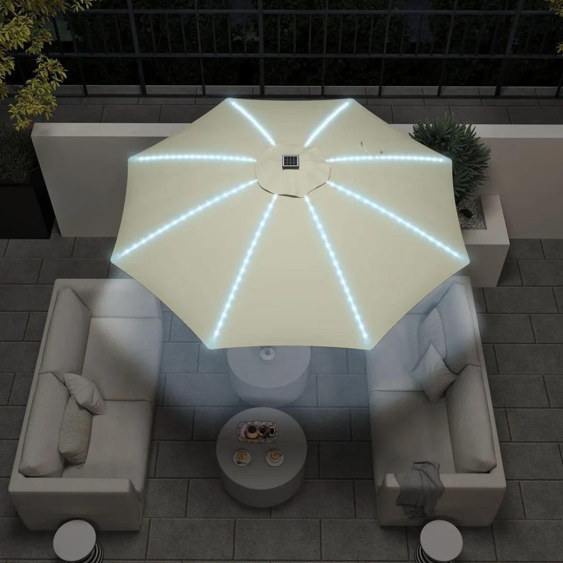 Sombrilla de terraza Lilith Outsunny con manivela y luz LED crema Ø300x256 cm