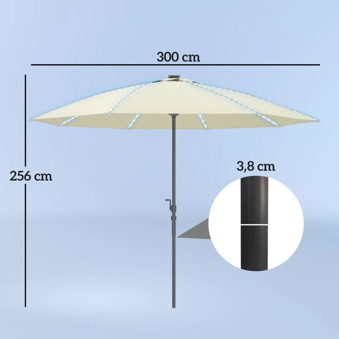 Sombrilla de terraza Lilith Outsunny con manivela y luz LED crema Ø300x256 cm