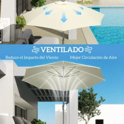 Sombrilla de terraza Lilith Outsunny con manivela y luz LED crema Ø300x256 cm