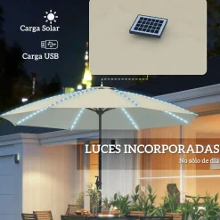 Sombrilla de terraza Lilith Outsunny con manivela y luz LED crema Ø300x256 cm