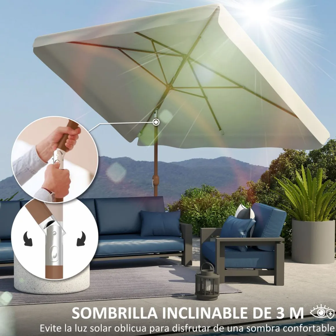 Sombrilla de terraza Loto Outsunny con manivela y ángulo ajustable 245x300x200 cm