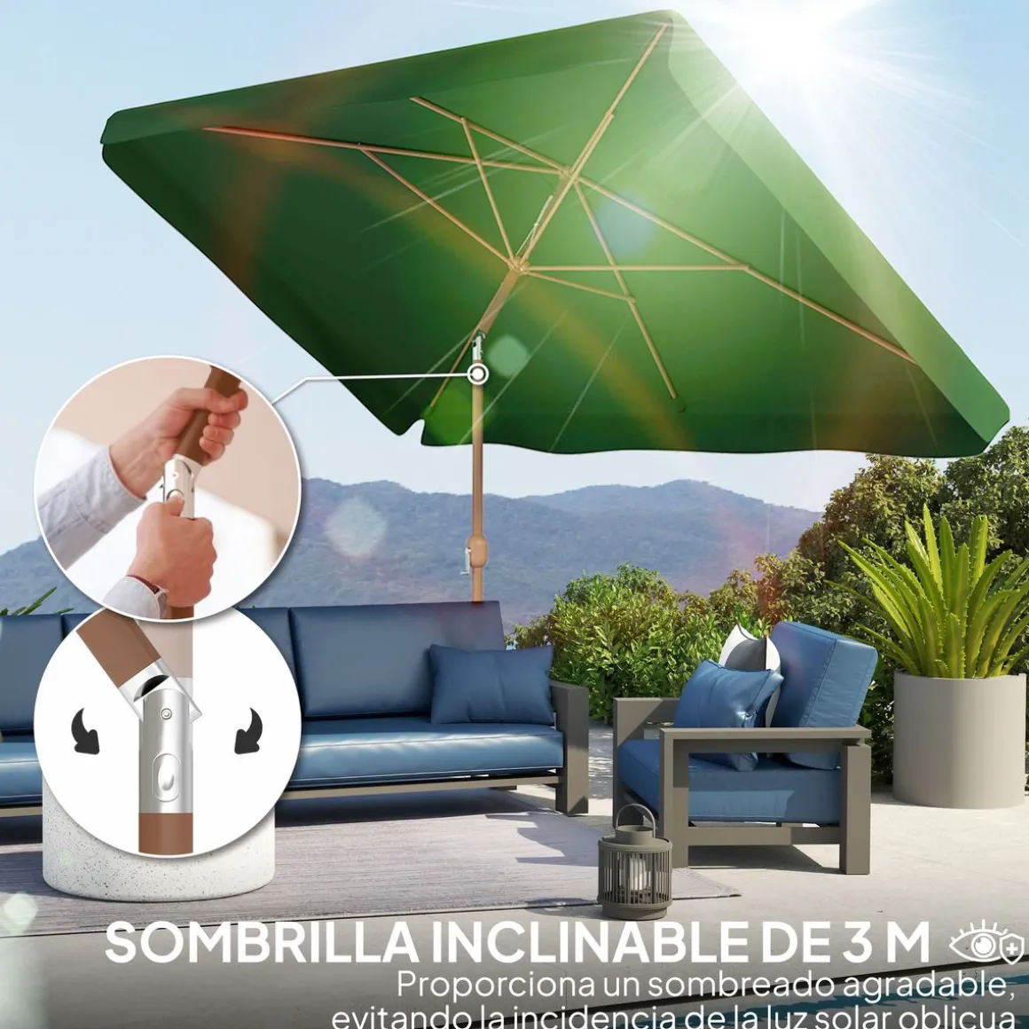 Sombrilla de terraza Loto Outsunny con manivela y ángulo ajustable 245x300x200 cm