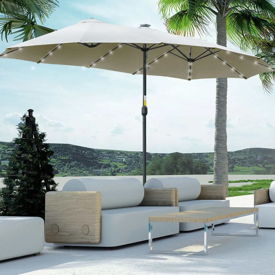 Sombrilla doble Buffalo Outsunny 2 niveles + 48 luces LED + manivela 240x450x265 cm