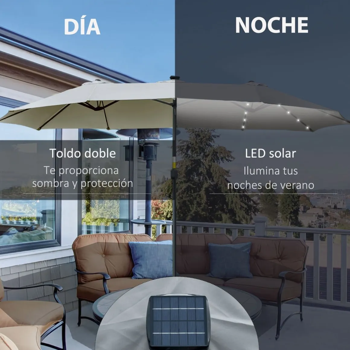 Sombrilla doble Buffalo Outsunny 2 niveles + 48 luces LED + manivela 240x450x265 cm