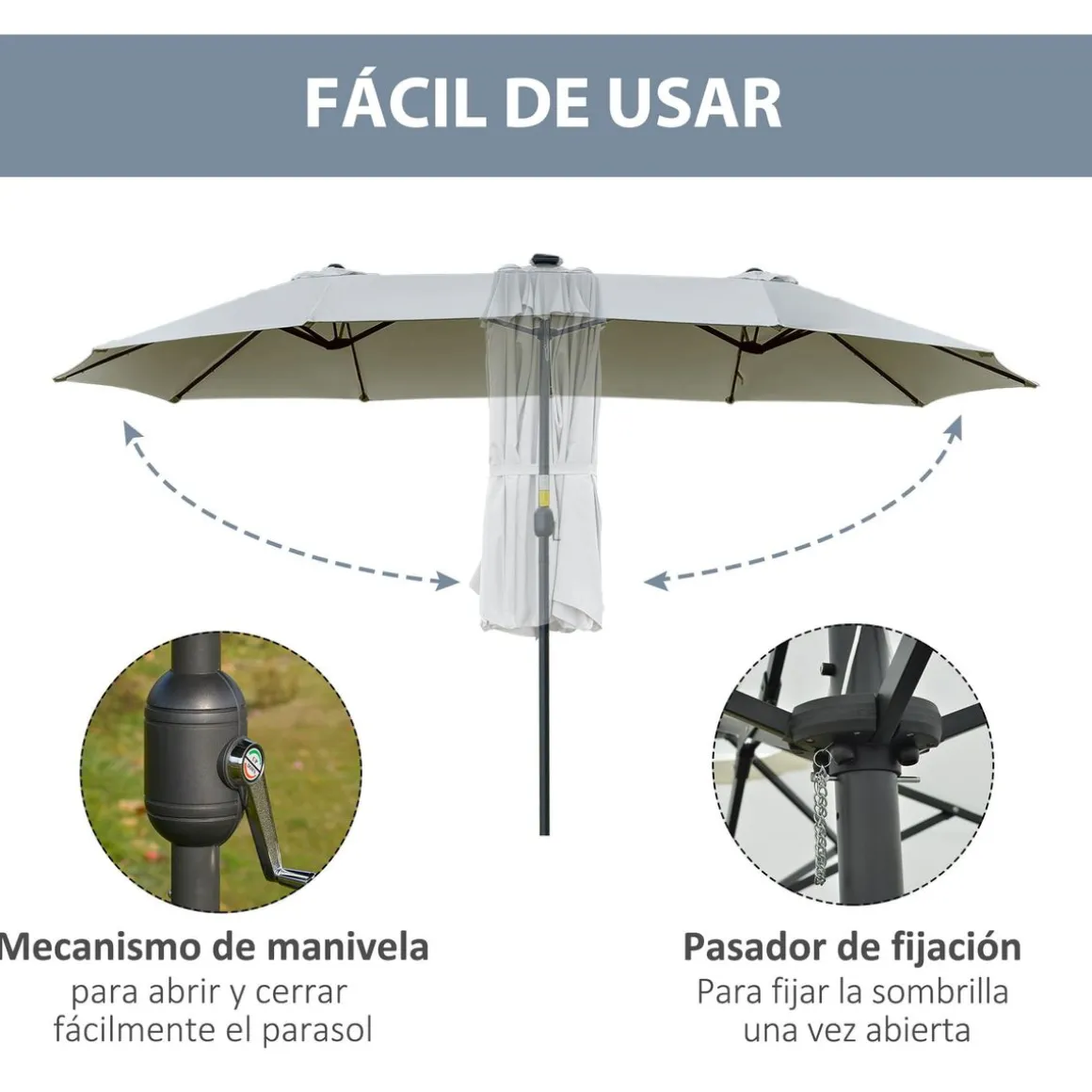 Sombrilla doble Buffalo Outsunny 2 niveles + 48 luces LED + manivela 240x450x265 cm