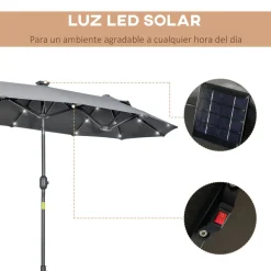 Sombrilla doble Dino Outsunny inclinable + luces LED gris 219x295x150 cm