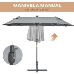 Sombrilla doble Dino Outsunny inclinable + luces LED gris 219x295x150 cm