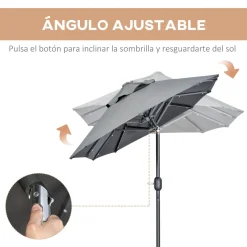 Sombrilla doble Dino Outsunny inclinable + luces LED gris 219x295x150 cm