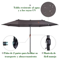 Sombrilla doble Outsunny con manivela y protección solar UV gris 238x455x265 cm