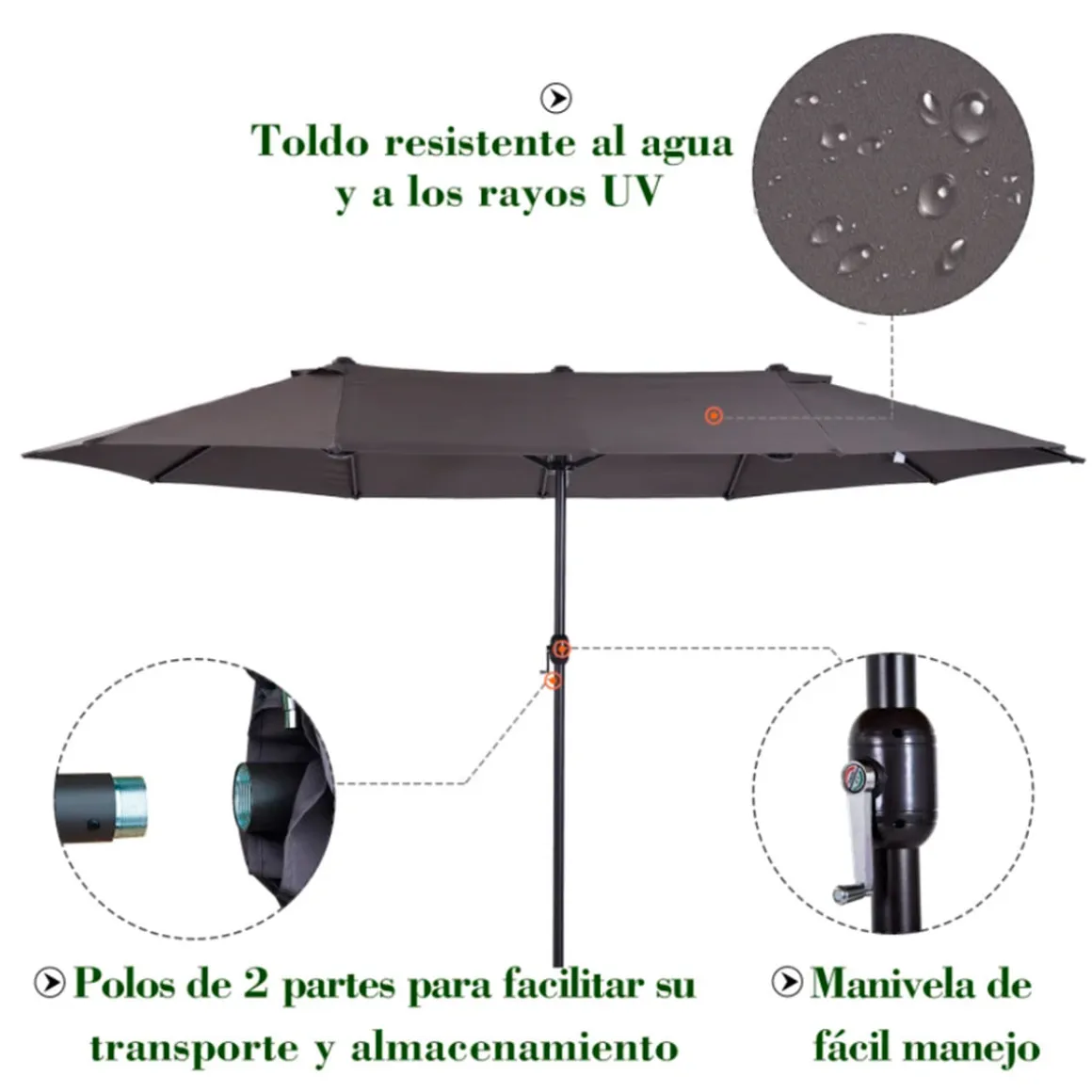 Sombrilla doble Outsunny con manivela y protección solar UV gris 238x455x265 cm