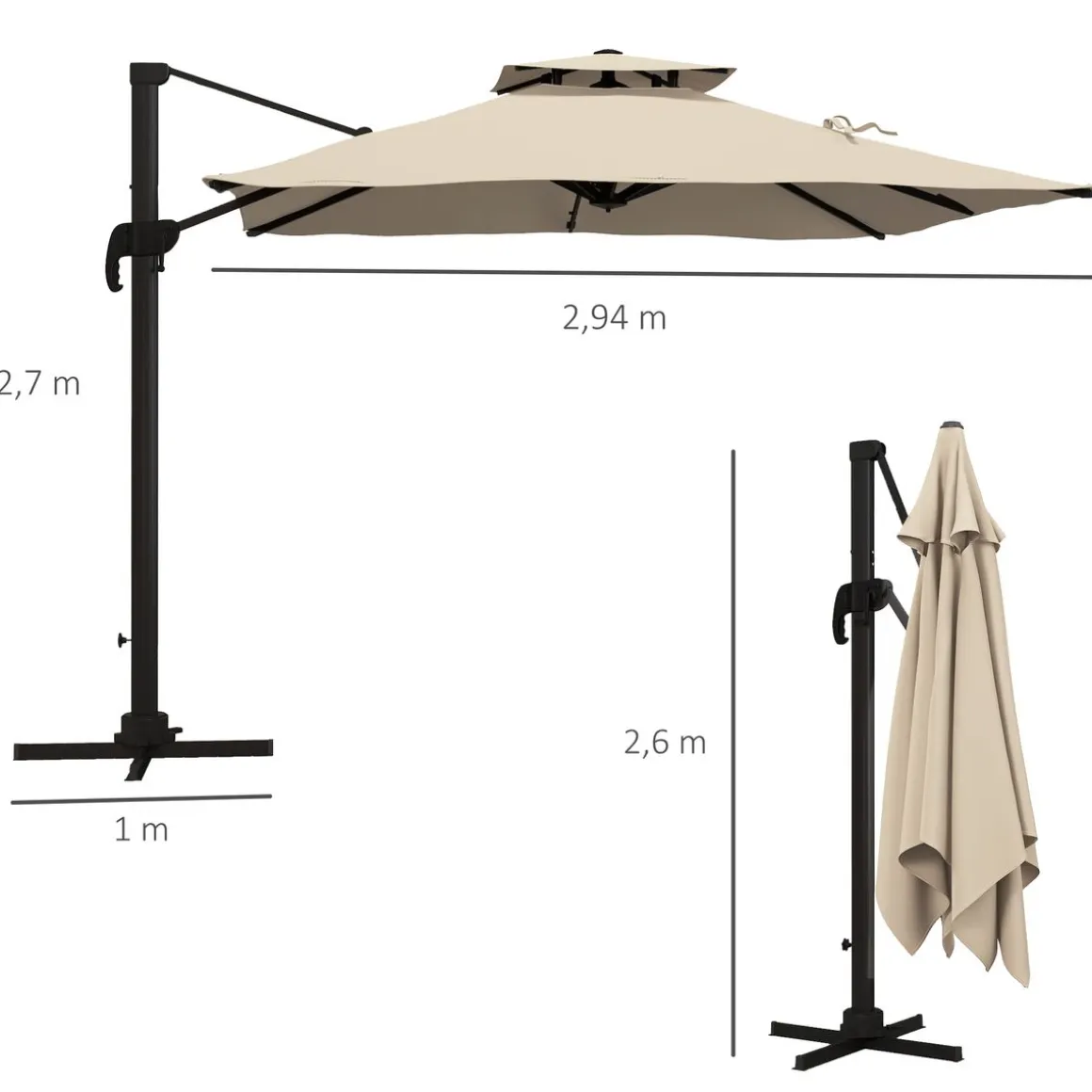 Sombrilla Forca Outsunny excéntrica + manivela beige 270x294 cm