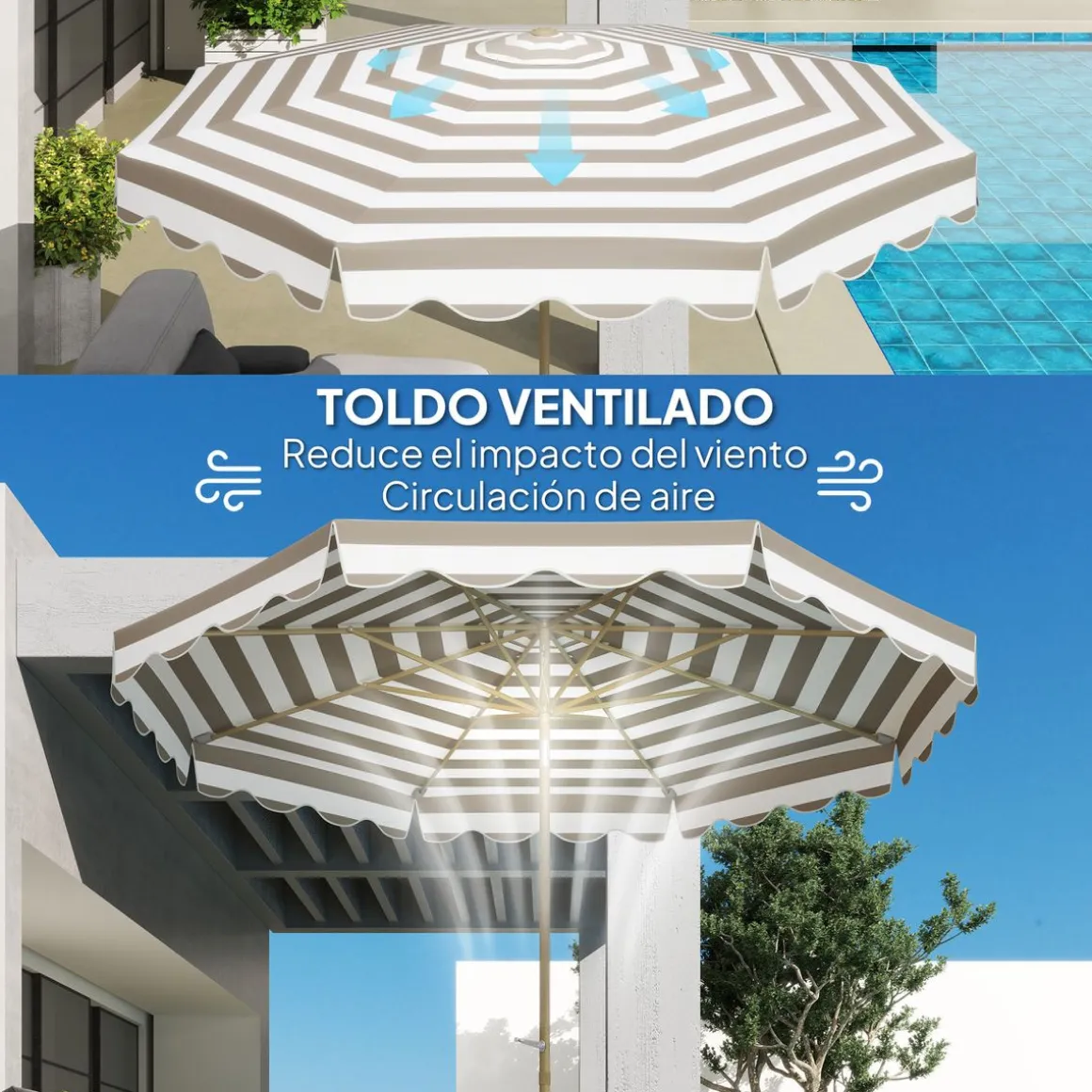 Sombrilla Helade Outsunny inclinable con manivela gris/blanco Ø268x237 cm