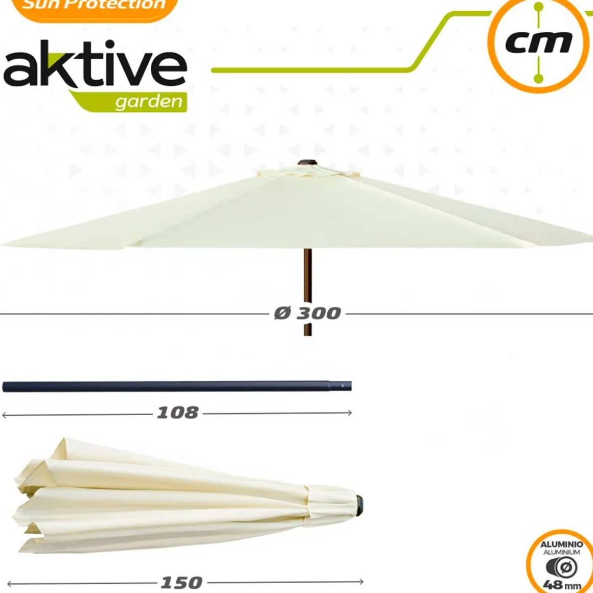 Sombrilla hexagonal Aktive Garden con poleas y protección UV50 crema Ø300 cm