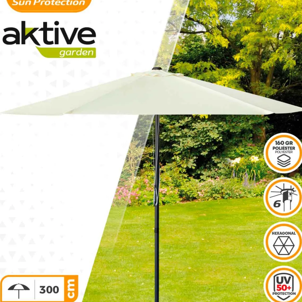 Sombrilla hexagonal Aktive Garden con poleas y protección UV50 crema Ø300 cm