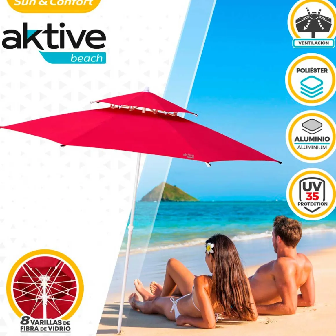 Sombrilla octogonal Aktive Beach doble techo protección UV35 rojo Ø280 cm
