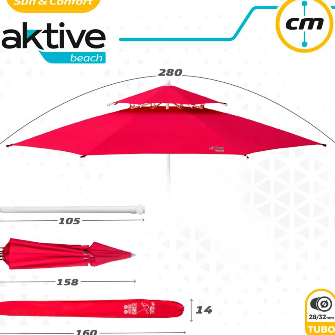 Sombrilla octogonal Aktive Beach doble techo protección UV35 rojo Ø280 cm