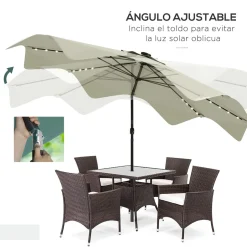 Sombrilla Petunia Outsunny inclinable + 32 LEDS crema Ø292x248 cm