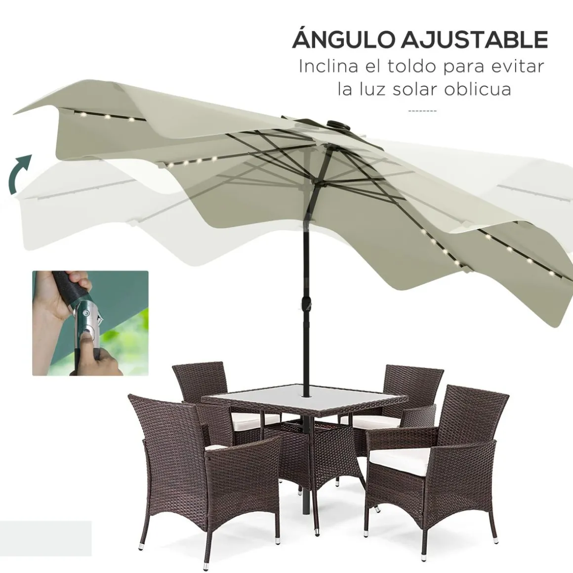 Sombrilla Petunia Outsunny inclinable + 32 LEDS crema Ø292x248 cm