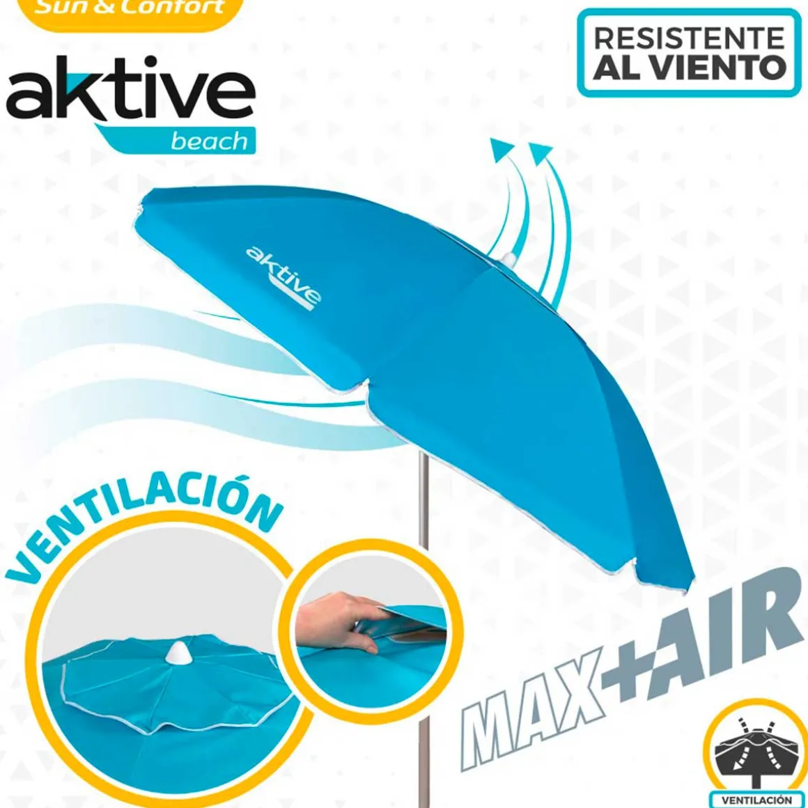 Sombrilla redonda Aktive Beach Air Max flexible protección UV50 azul Ø200 cm