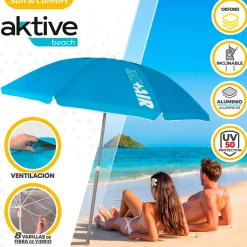Sombrilla redonda Aktive Beach Air Max flexible protección UV50 azul Ø200 cm