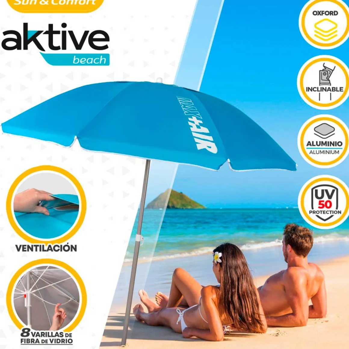 Sombrilla redonda Aktive Beach Air Max flexible protección UV50 azul Ø200 cm