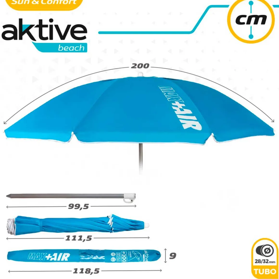 Sombrilla redonda Aktive Beach Air Max flexible protección UV50 azul Ø200 cm