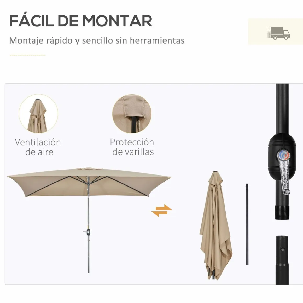 Sombrilla Sand Outsunny inclinable + plegable marrón 253x295x195 cm