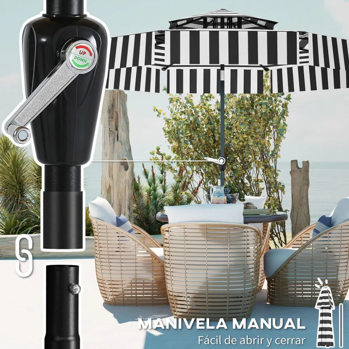 Sombrilla Zebra Outsunny inclinable doble techo blanco/negro Ø263x251 cm