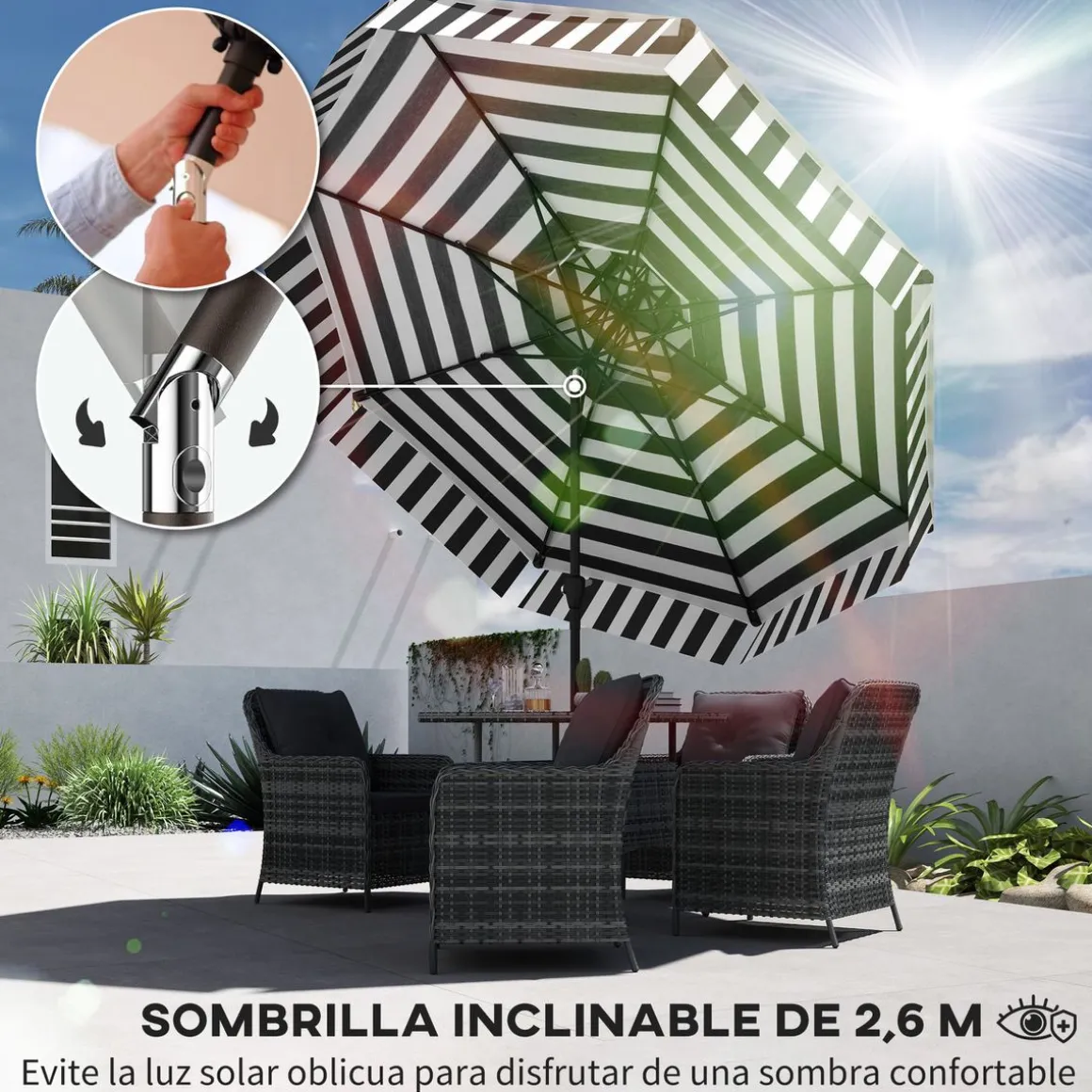 Sombrilla Zebra Outsunny inclinable doble techo blanco/negro Ø263x251 cm