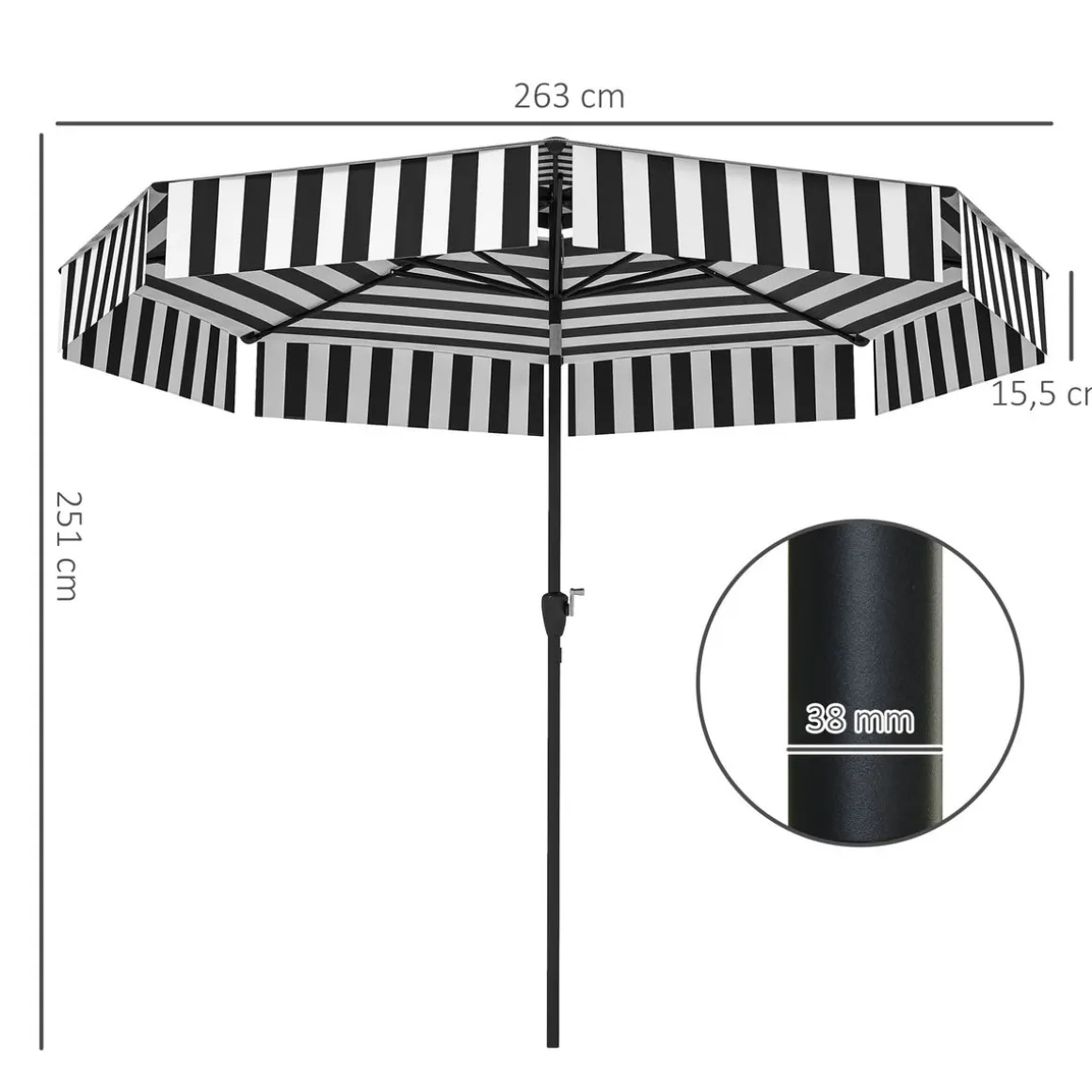 Sombrilla Zebra Outsunny inclinable doble techo blanco/negro Ø263x251 cm