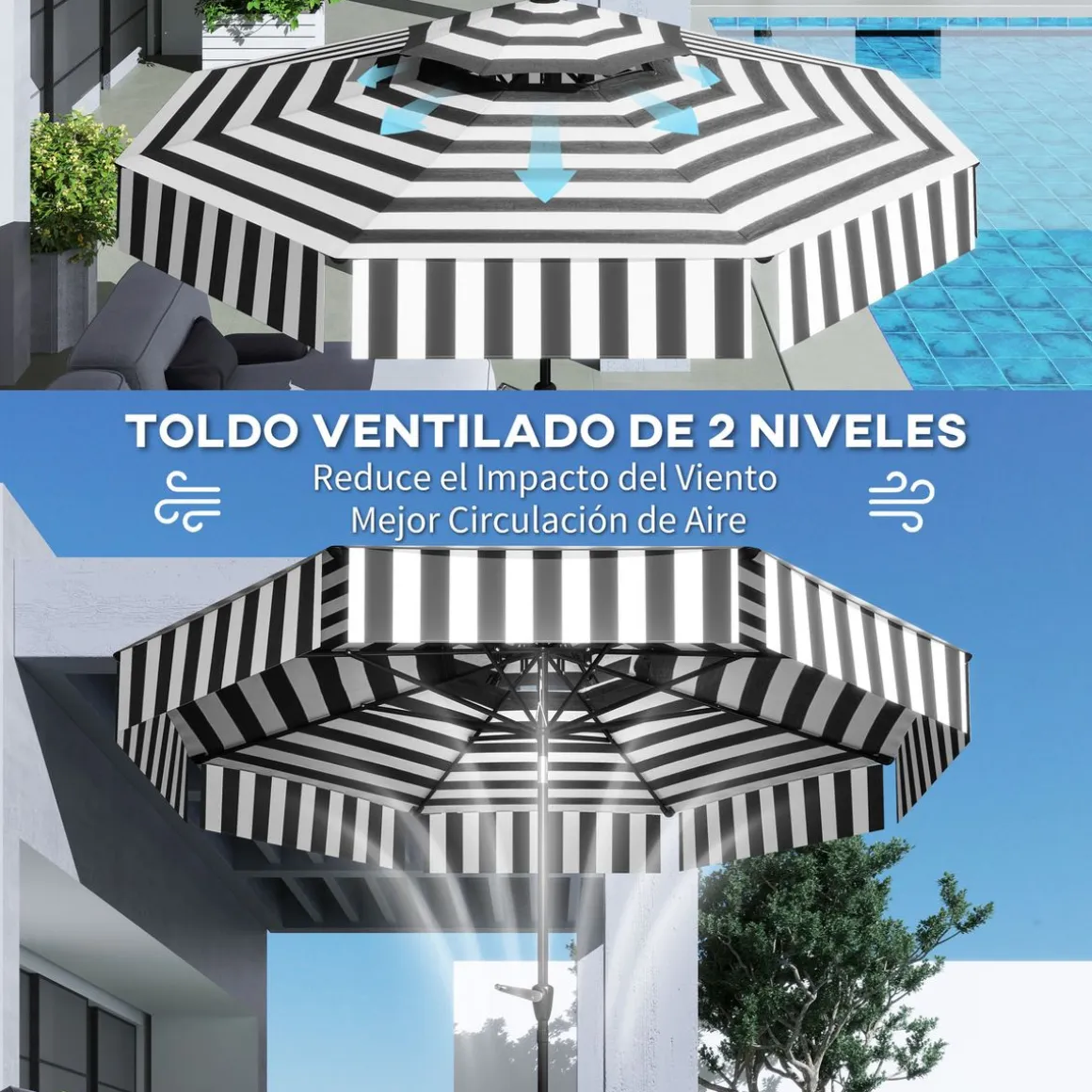 Sombrilla Zebra Outsunny inclinable doble techo blanco/negro Ø263x251 cm