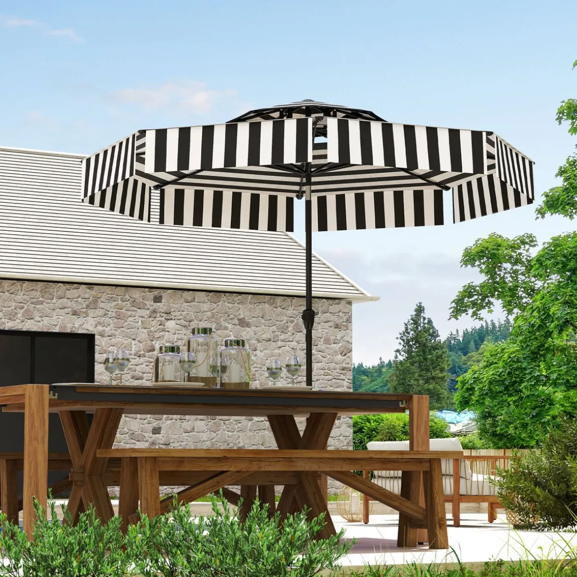 Sombrilla Zebra Outsunny inclinable doble techo blanco/negro Ø263x251 cm