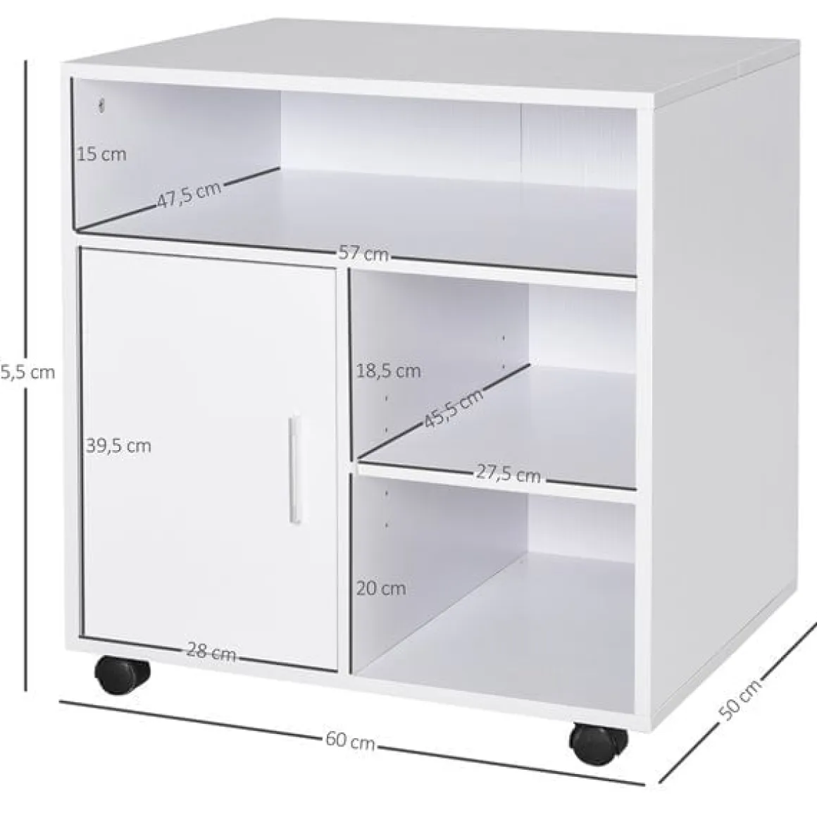 Soporte para impresora Homcom con ruedas+estantes blanco 65,5x60x50 cm