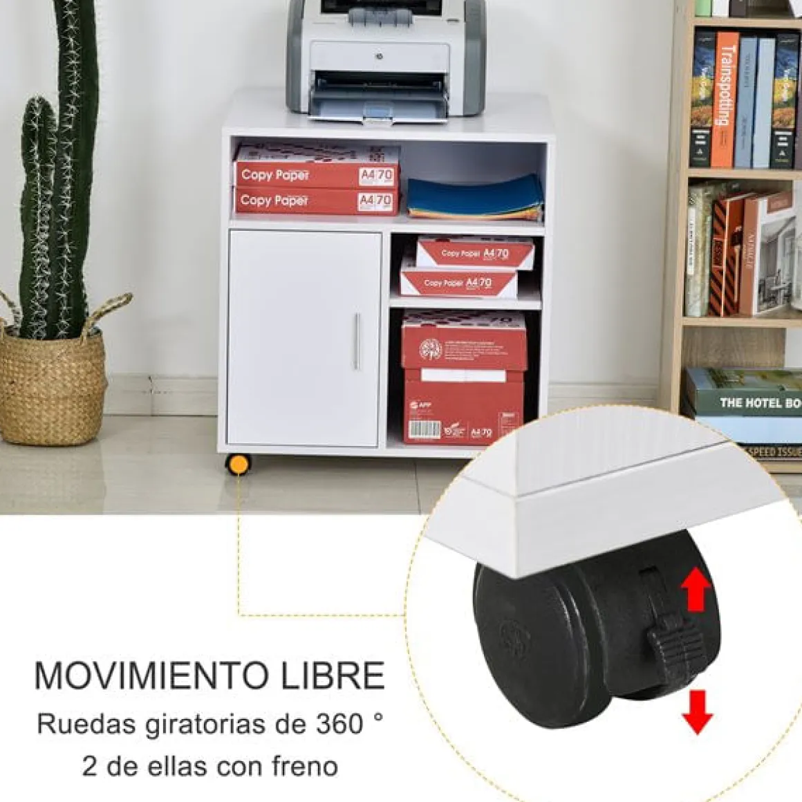 Soporte para impresora Homcom con ruedas+estantes blanco 65,5x60x50 cm