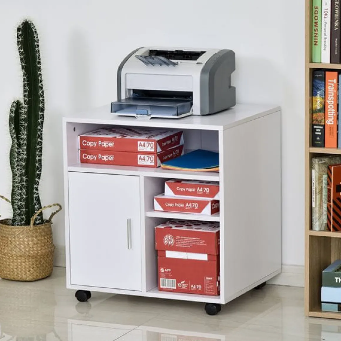 Soporte para impresora Homcom con ruedas+estantes blanco 65,5x60x50 cm