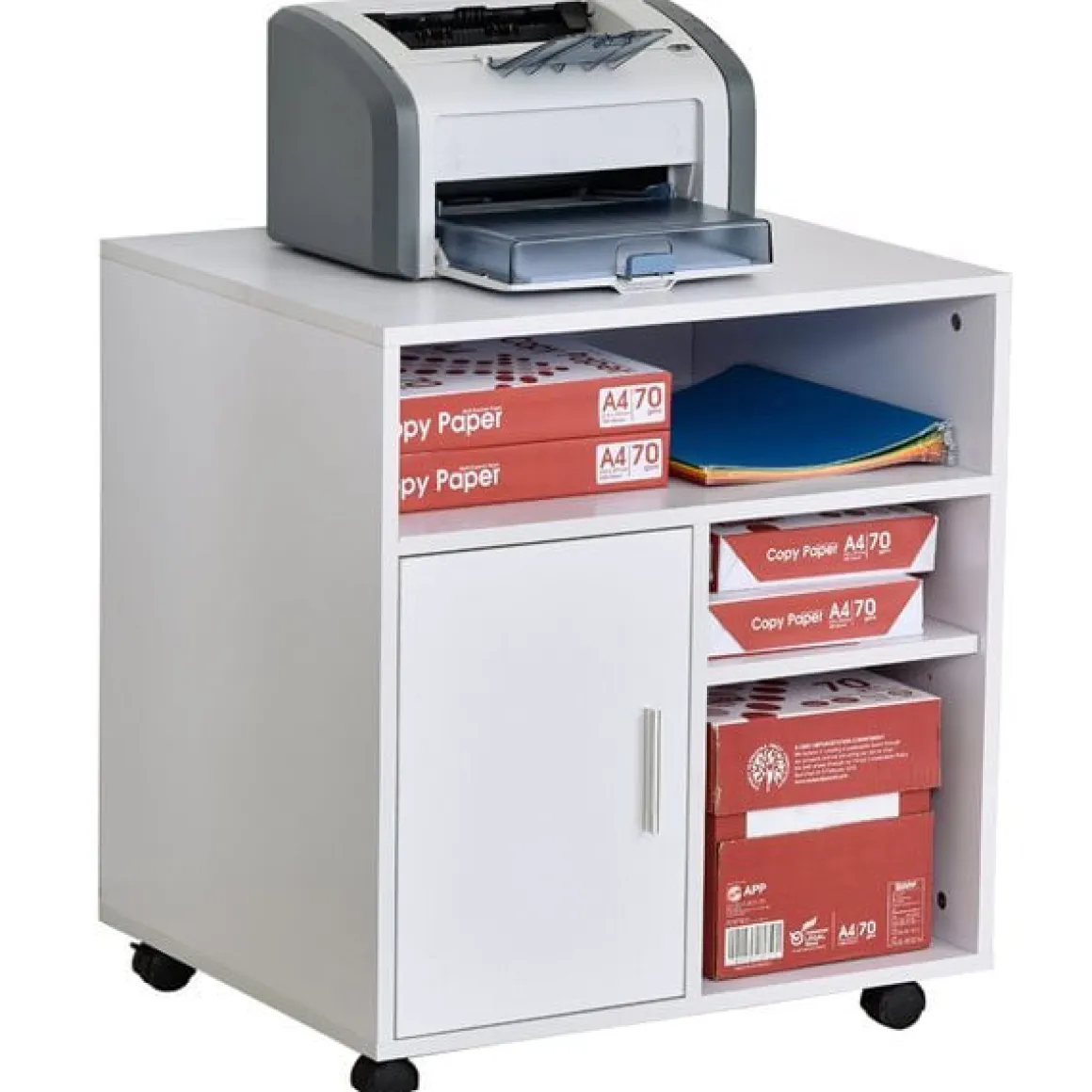 Soporte para impresora Homcom con ruedas+estantes blanco 65,5x60x50 cm
