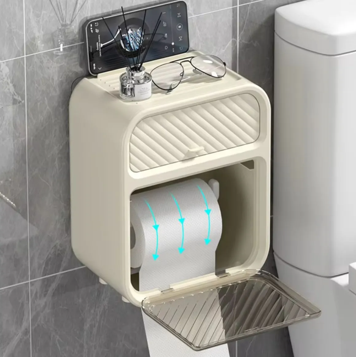 Soporte para papel higiénico con cajón beige 22x17,5x12 cm