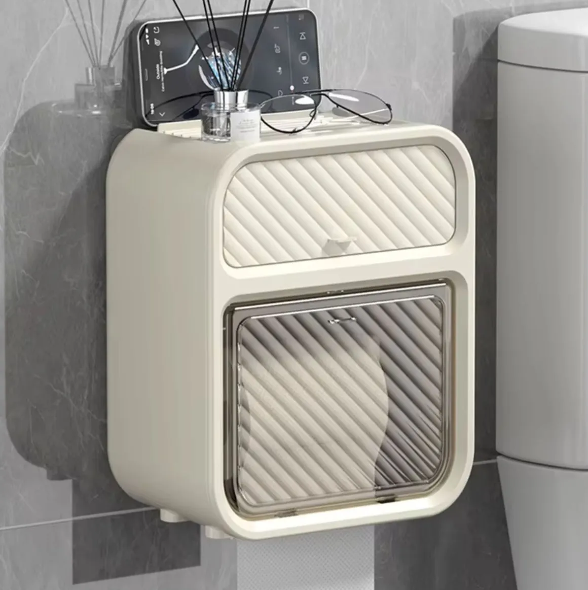 Soporte para papel higiénico con cajón beige 22x17,5x12 cm