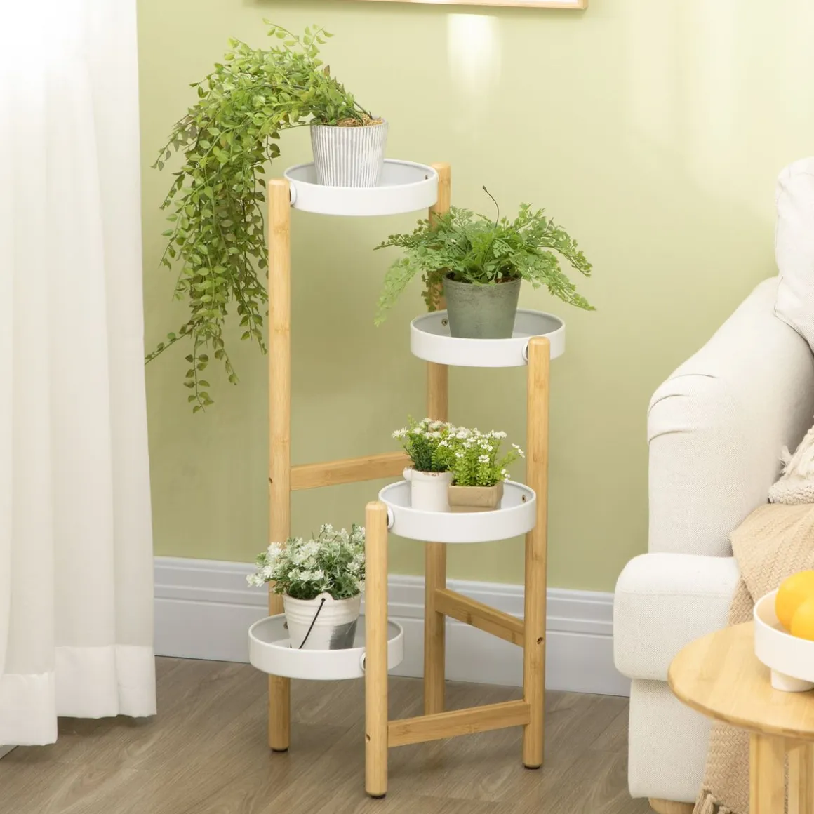 Soporte para plantas Outsunny 4 estantes bambú natural/blanco Ø28x80 cm