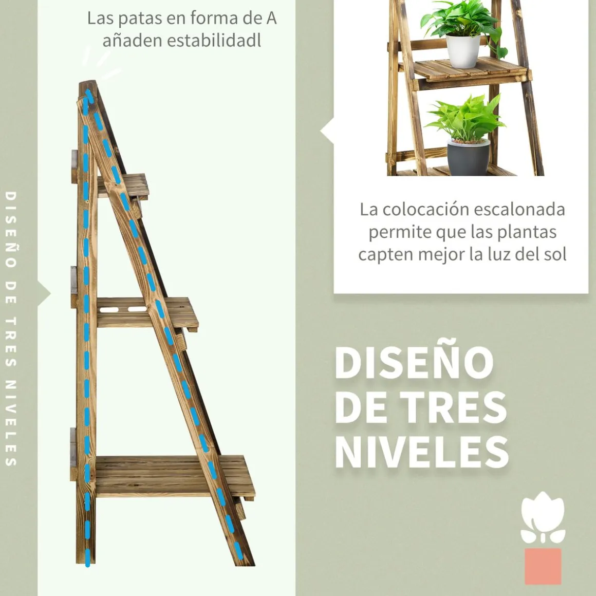 Soporte para plantas Outsunny 3 niveles natural 93x40x37 cm