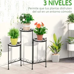Soporte para plantas Outsunny 3 estantes negro 65x60x22 cm
